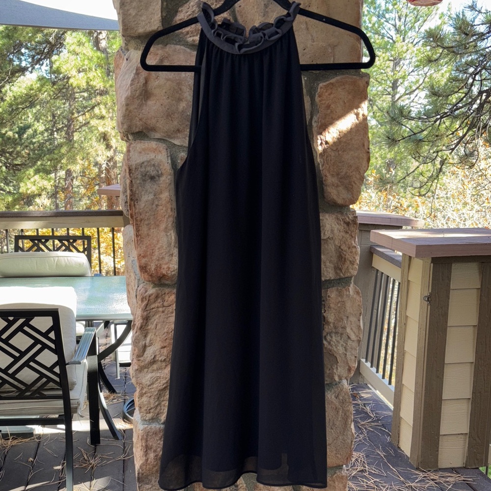 Naked Zebra LARGE Black High Ruffle Neck Halter Sleeveless Mini Dress LBD